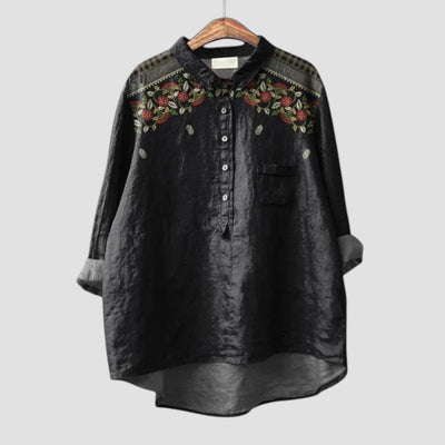 Carina | Oversized zwarte blouse met bloemembroderie voor een elegante en relaxte stijl