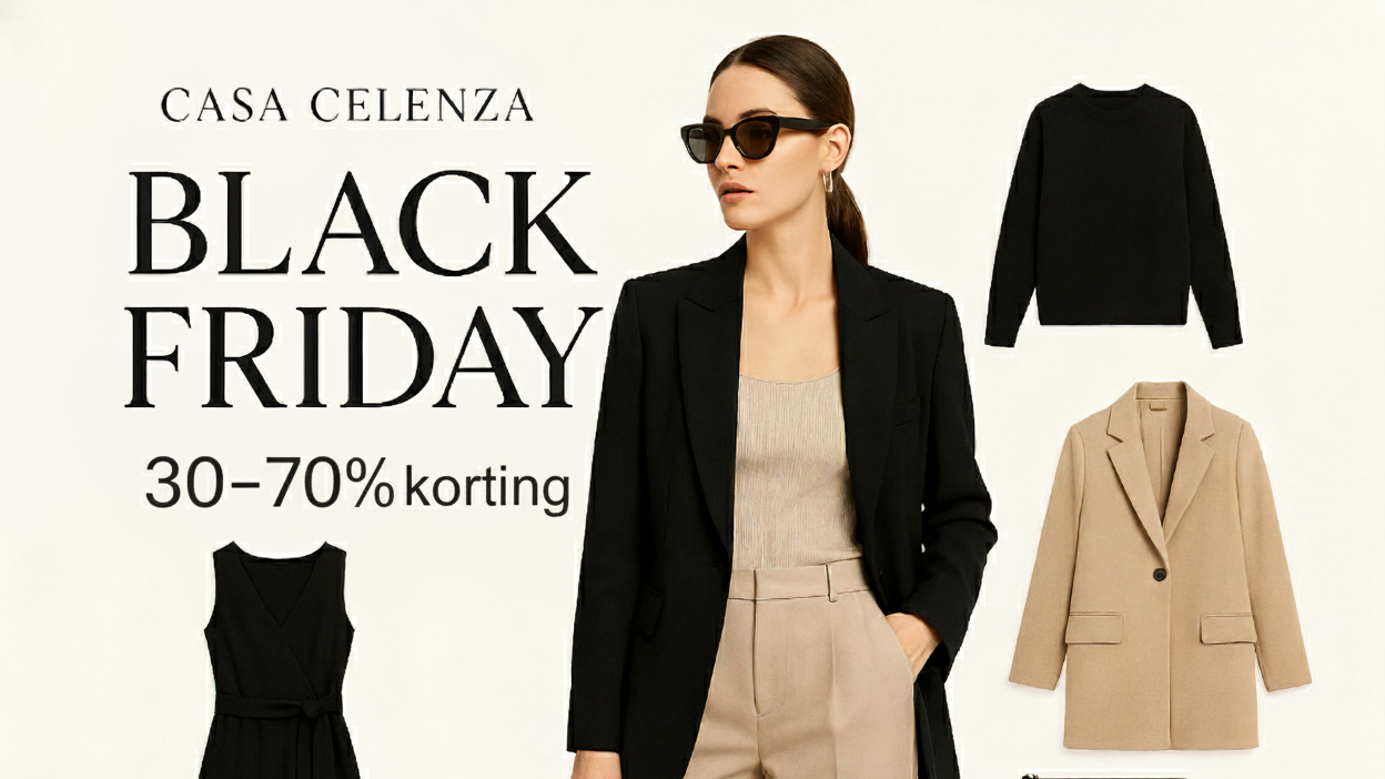 Woman in black blazer with 'Casa Celenza Black Friday' text and fashion items on a white background