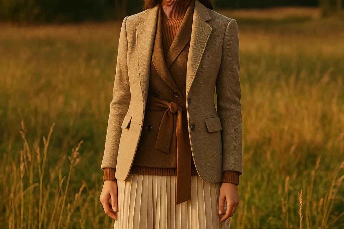 Woman in a beige blazer and brown sweater standing in a field with trees in the background