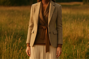 Woman in a beige blazer and brown sweater standing in a field with trees in the background